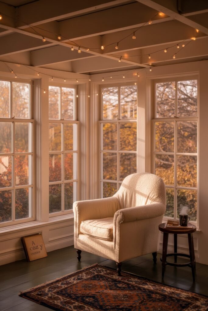 Cozy Fall Sunroom Ideas: Autumn Decor for a Warm Retreat 24 Cream armchair in a sunroom corner surrounded by string lights and autumn foliage outside, creating a serene reading nook.