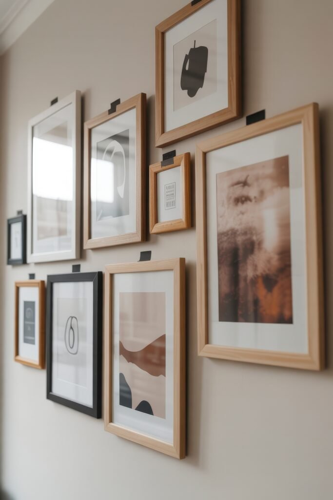 First Apartment Checklist: Essential Tips You’ll Love 24 Gallery wall of abstract and modern framed prints in wood and black frames—personal decor touches for making a first apartment feel like home.