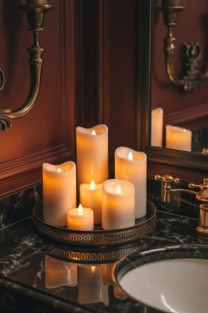 Gothic Bathroom Ideas: Genius Touches for Moody Glam 28 Cluster of flameless candles in varied heights on a black marble counter with gold fixtures, set against a burgundy paneled wall and mirror, radiating cozy Gothic atmosphere.