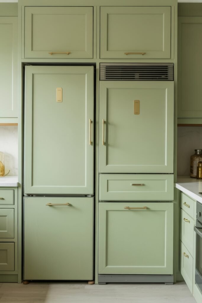 Green Kitchen Cabinets: Stylish Ways to Elevate Style 25 Built-in kitchen storage featuring pale green panel-front cabinets, housing a fully integrated refrigerator and freezer with gold hardware for a cohesive look.
