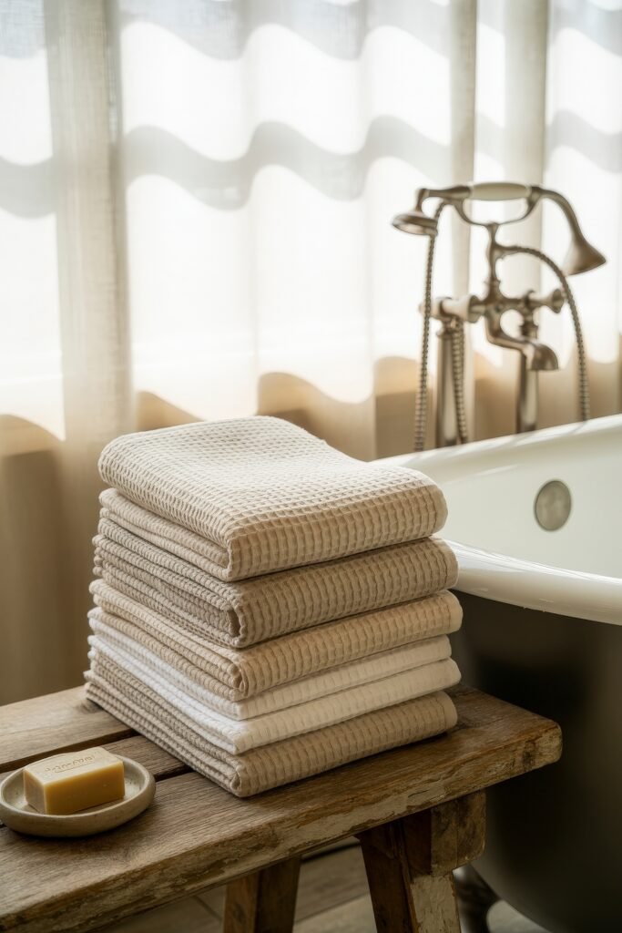 Neutral Bathroom Ideas: Genius Spa-Like Upgrades 27 Stack of beige and white waffle-knit towels neatly folded on a rustic wooden bench next to a freestanding tub, accompanied by a bar of soap, with sheer curtains filtering soft light—ideal for Neutral Bathroom Ideas.