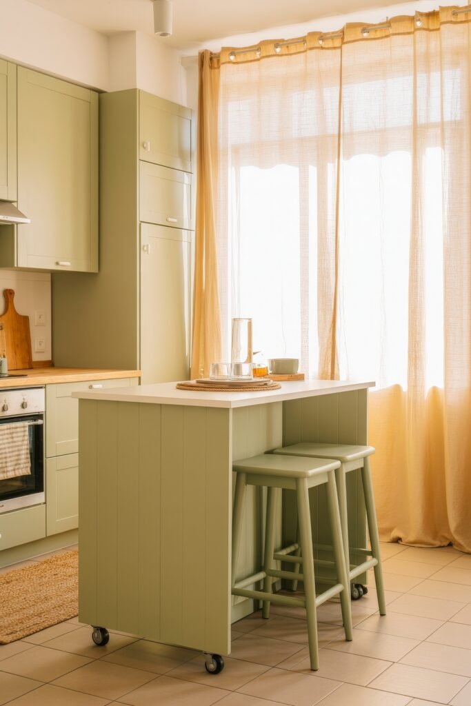 Sage Green Kitchen Bliss: Inspiring Ideas 24 Bright sage green kitchen with a small island on wheels, warm beige curtains, and soft daylight creating a cozy and functional breakfast nook.
