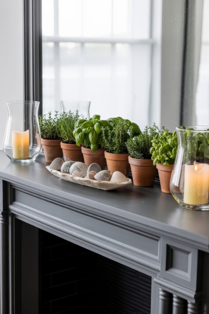 Summer Mantel Decor Tips (Even If You Don’t Have a Fireplace) 22 Gray mantel with terracotta pots of herbs, seashell tray, and glass hurricanes with candles for fresh summer décor.