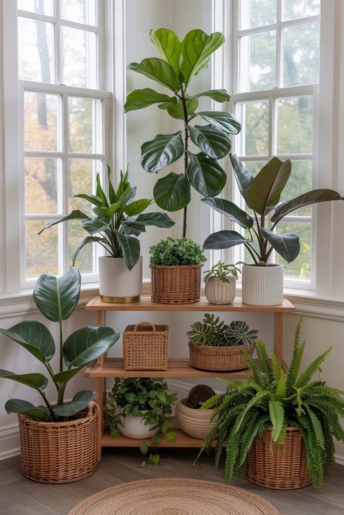 Bright Summer Sunroom Ideas: Airy Decor for Sunny Days 25 Bright sunroom with a wooden shelf displaying potted plants, fiddle leaf fig, rubber plant, ferns, and woven baskets arranged by large windows.