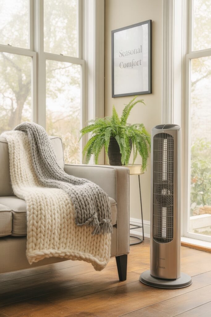 Indoor Sunroom Furniture Ideas for Cozy Winters & Breezy Summers 22 Cozy sunroom with a chunky knit throw on an armchair, a fan, and a fern near large windows.