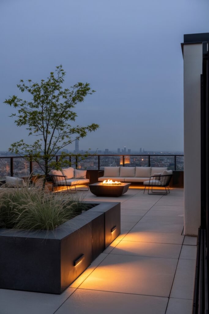 Stylish Rooftop and Terrace Garden Design 30 Minimalist terrace featuring a sleek fire pit, linear planters, and ambient lighting, showcasing a serene, architectural approach to terrace garden ideas.