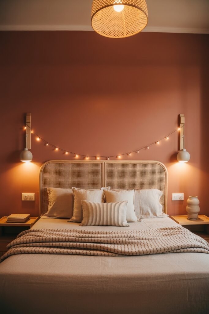 Terracotta Bedroom Ideas: Genius Ways to Glow 24 Warm Bohemian bedroom with a terracotta accent wall, rattan headboard, soft beige bedding, and a string of fairy lights hanging above the bed.