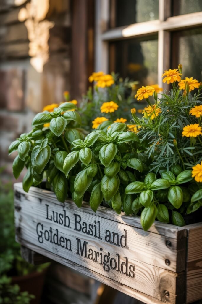 Window box flowers: Genius Ways to Wow Any Apartment 28 A rustic wood planter labeled “Lush Basil and Golden Marigolds,” filled with vibrant basil plants and cheerful yellow marigolds, placed beneath a window against a stone wall for a sunny Balcony & Terrace Gardening theme.