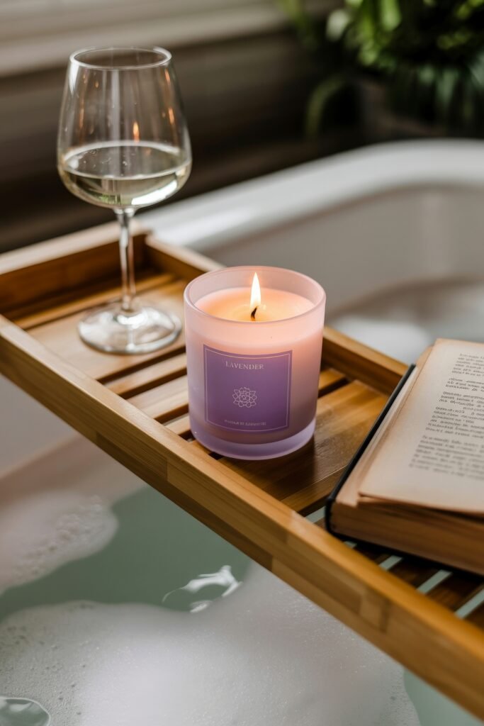 Bathroom Essentials for First Apartment: Genius Must-Haves 23 Lavender-scented candle lit on a bamboo bathtub tray next to a glass of white wine and an open book, evoking a relaxing evening bath atmosphere.
