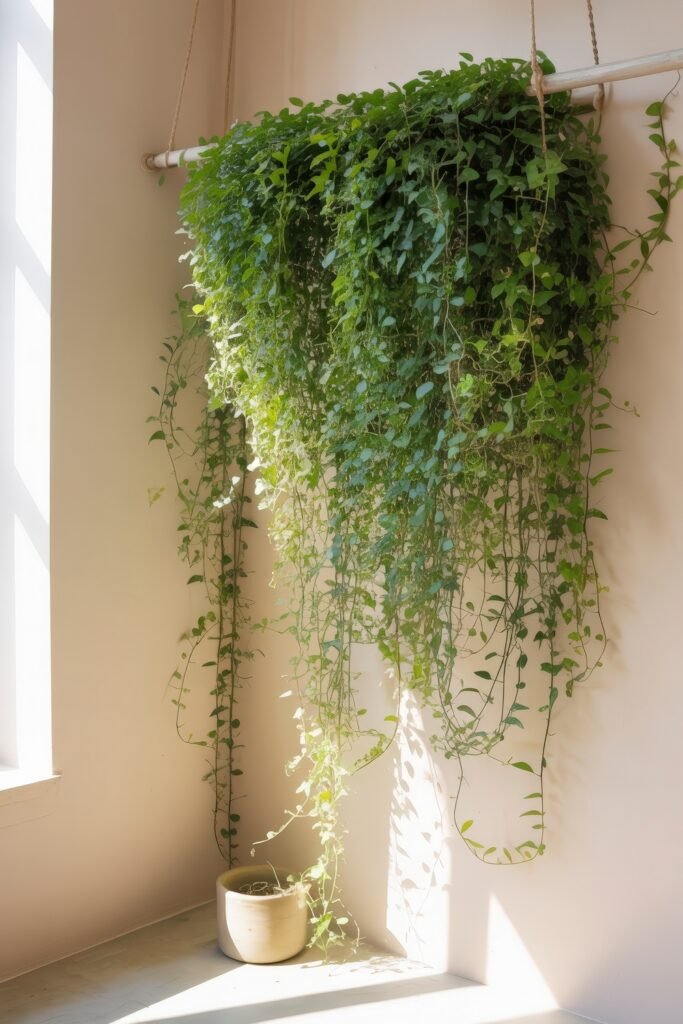 Bedroom Essentials for Your First Apartment: 12 Genius Must-Haves 23 Sunlit corner with a cascading hanging plant suspended from the ceiling, its lush greenery trailing toward a ceramic pot below—bringing freshness and visual interest to first apartment planning.