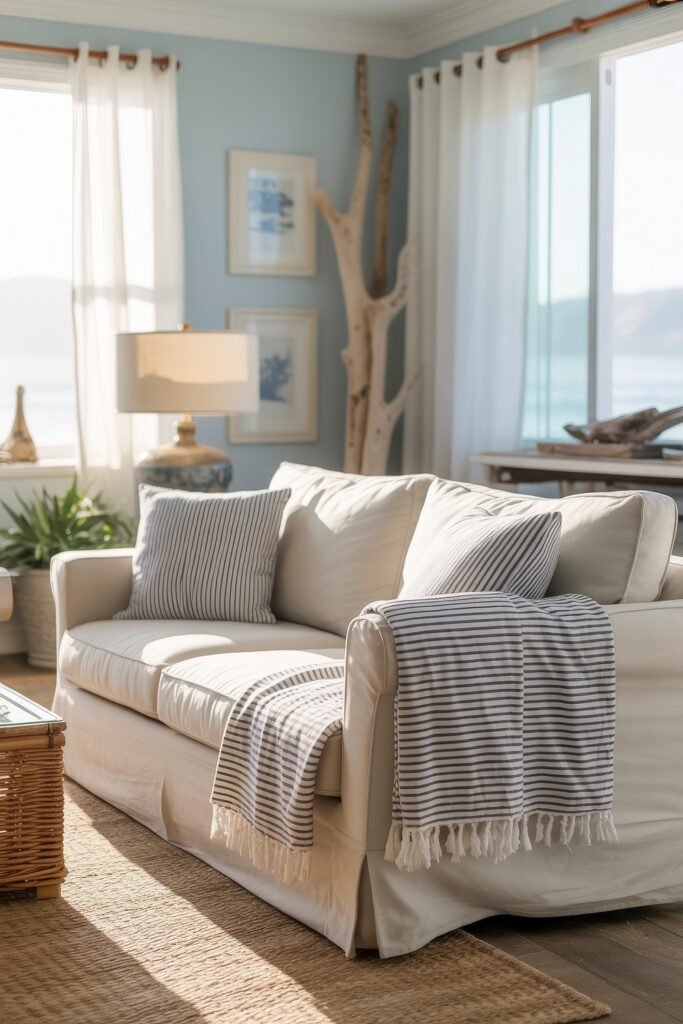 Coastal Summer Vibes for City Apartments 31 Bright living room with a white couch, striped pillows, and a view of the ocean, reflecting coastal summer decor.