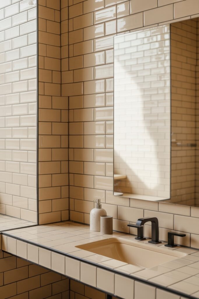 Cream Bathroom Ideas: Genius Ways to Warm Up Your Space 26 Stylish bathroom with cream square tiles and black grout, matte black faucet, and minimalist accessories for a modern yet warm Cream Bathroom Ideas appearance.