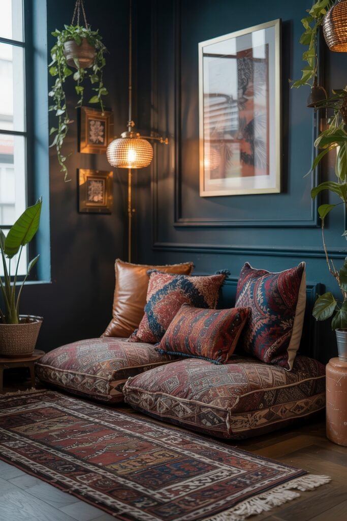 Dark Boho Bedroom Ideas: Unexpected Tricks for Cozy Drama 25 Moody Boho sitting area with large patterned floor cushions, rich-toned pillows, a red oriental rug, and hanging plants against deep navy paneling.
