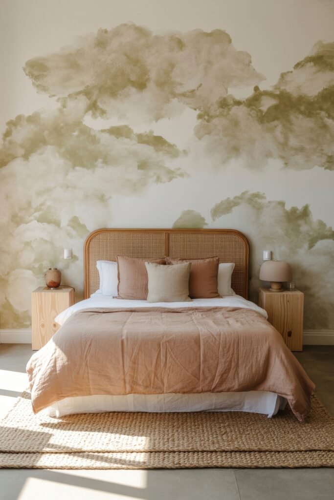 Earthy Bedroom Ideas: 12 Essential Ways to Elevate Your Space 25 Minimalist Earthy Bedroom with cloudy green mural, peach bedding, a rattan headboard, and clean wood side tables, bathed in natural sunlight.