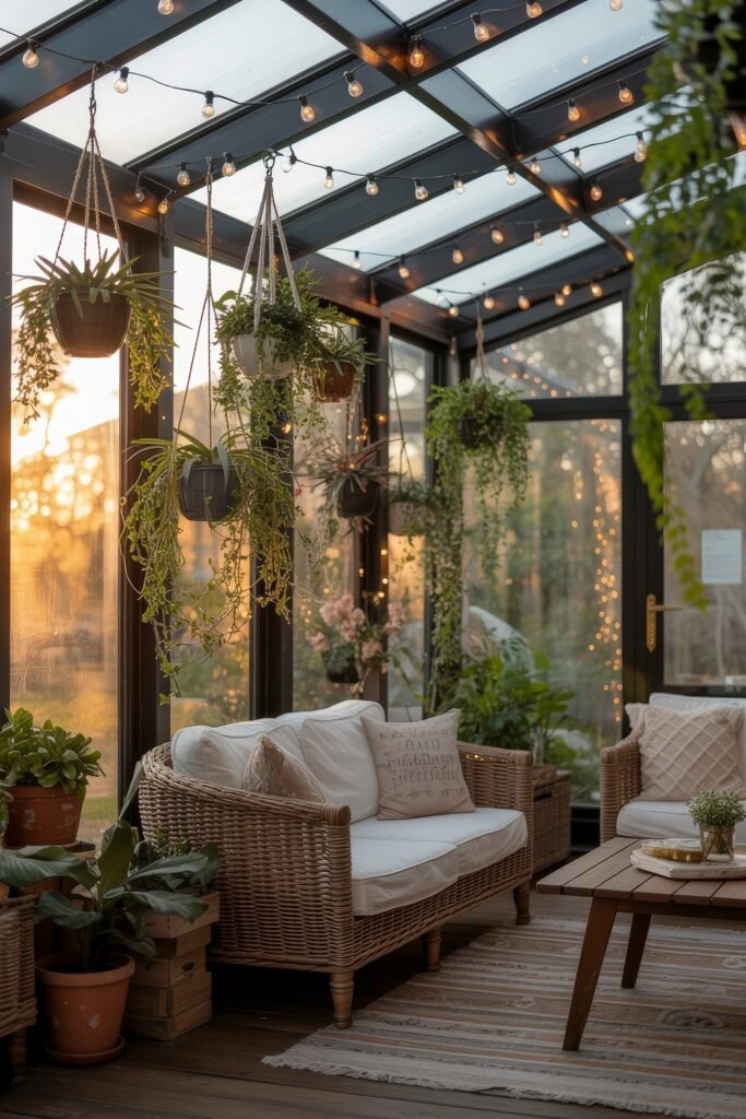 Cozy Fall Sunroom Ideas: Autumn Decor for a Warm Retreat 25 Four-season room filled with hanging plants, wicker seating, and string lights at sunset, offering a lush and inviting atmosphere.