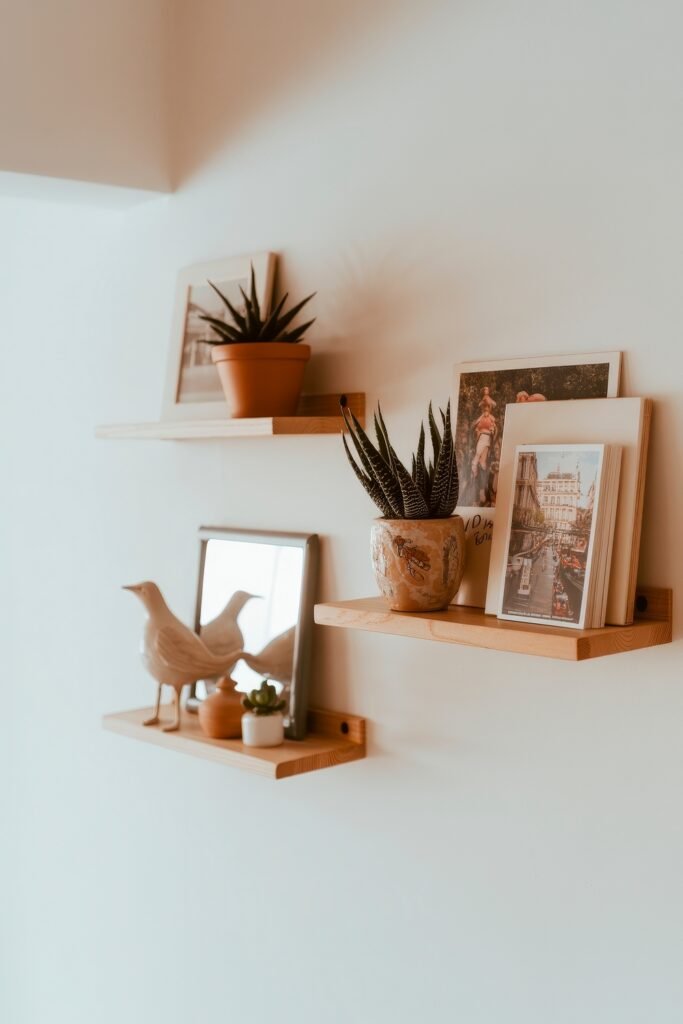 First Apartment Checklist: Essential Tips You’ll Love 25 Trio of minimalist floating shelves displaying potted plants, framed photos, books, and small sculptures—charming decor ideas for First Apartment Planning.