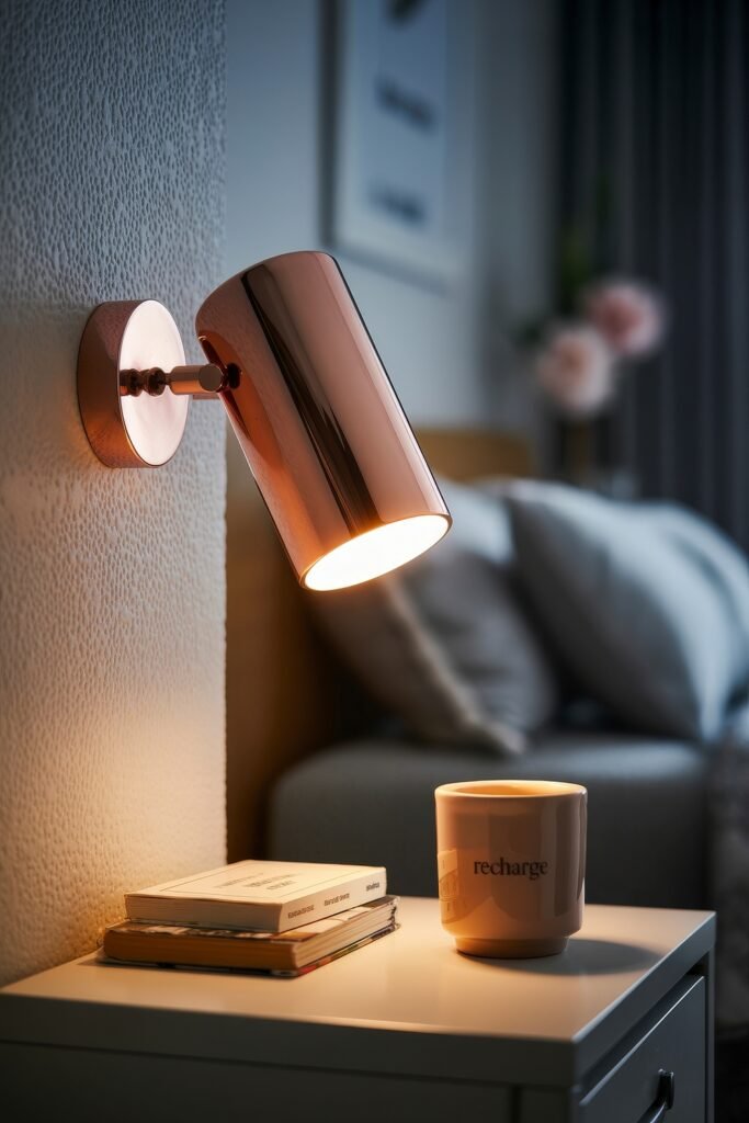 Glam Bedroom Décor: Essential Tips for Luxe Sleep 24 Cozy night scene with a rose gold wall sconce casting warm light onto a side table with books and a mug labeled “recharge,” creating a minimal and restful bedside moment.