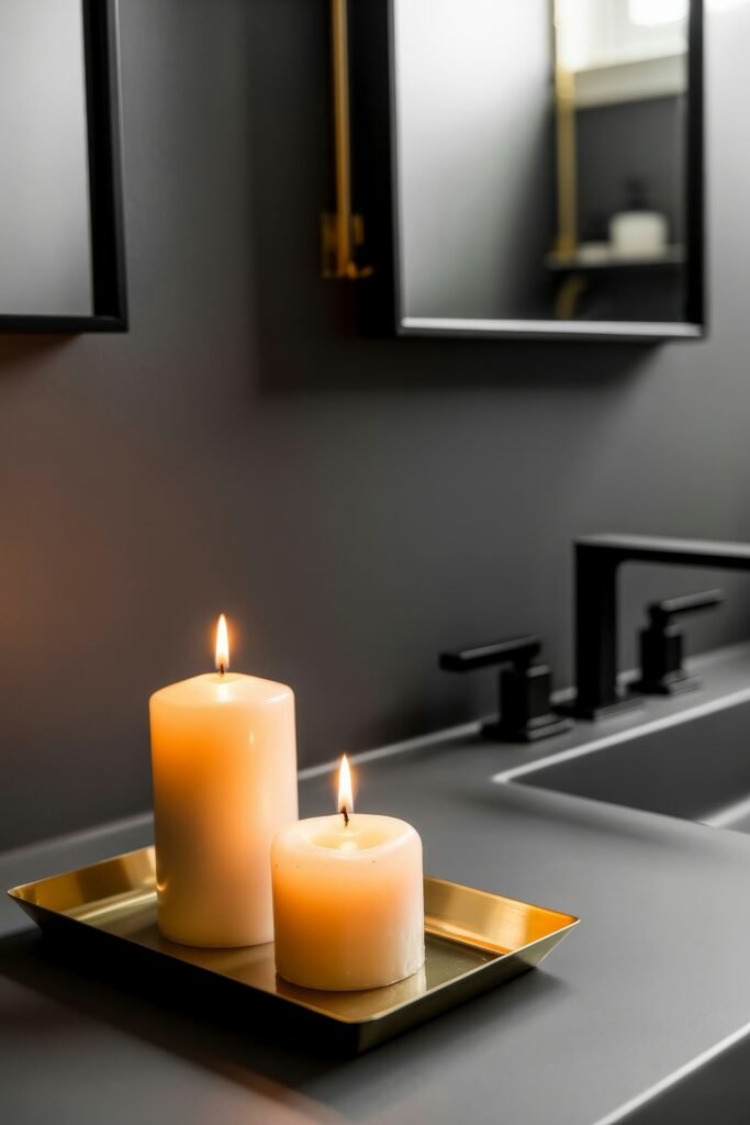 Gothic Bathroom Ideas: Genius Touches for Moody Glam 29 Matte black vanity with brass faucet, accented by a gold tray holding two lit candles, capturing a minimalist take on Dark & Moody Bathroom Themes.