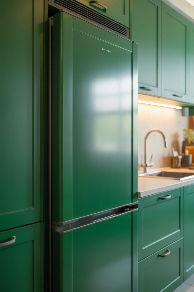 Green Kitchen Cabinets: Stylish Ways to Elevate Style 26 Sleek contemporary kitchen with glossy dark green cabinetry and an integrated refrigerator, contrasted by a white countertop and under-cabinet lighting near the sink.