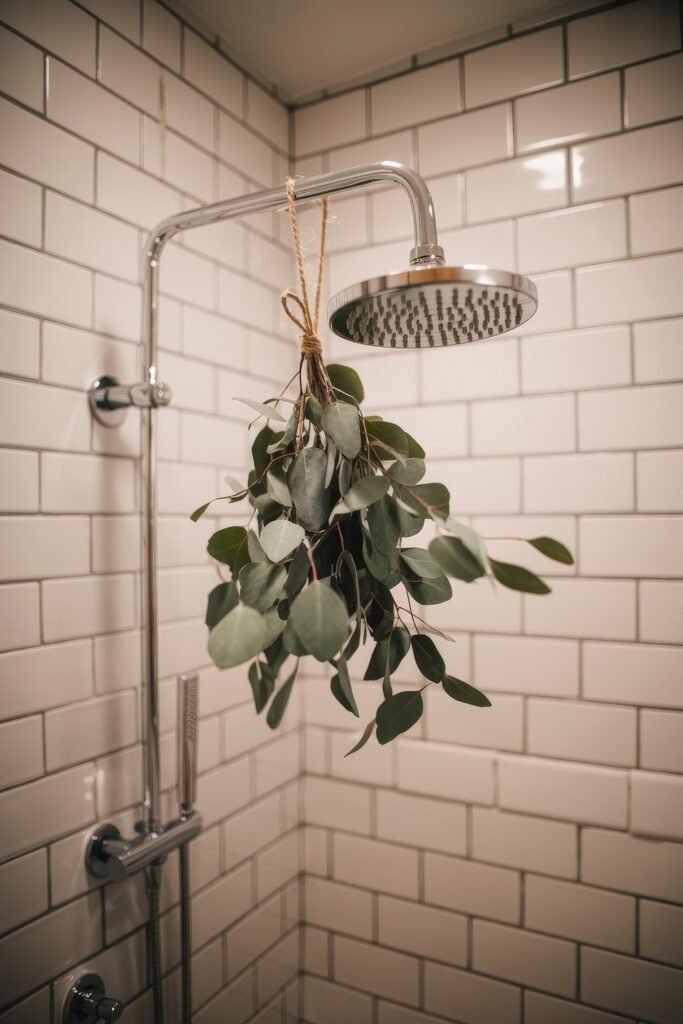 Neutral Bathroom Ideas: Genius Spa-Like Upgrades 28 Chrome rain showerhead mounted on white subway tile with a tied bundle of fresh eucalyptus leaves hanging beneath, adding a spa-like touch to the shower space.