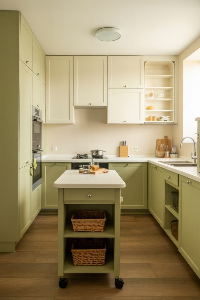Sage Green Kitchen Bliss: Inspiring Ideas 25 U-shaped kitchen in sage green and cream, featuring a central rolling island, wood flooring, and open shelving that adds both function and charm.