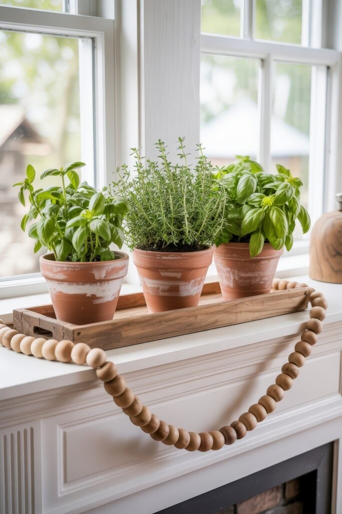 Summer Mantel Decor Tips (Even If You Don’t Have a Fireplace) 23 White mantel with terracotta herb pots in a wooden tray and a draped wooden bead garland for charming summer décor.