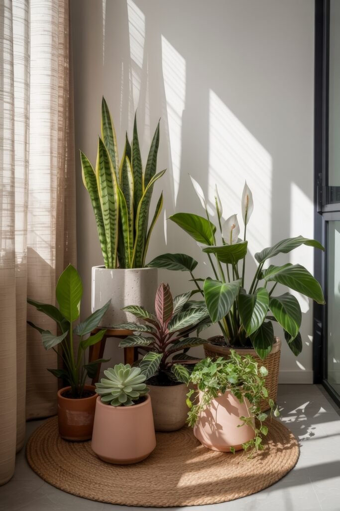 Bright Summer Sunroom Ideas: Airy Decor for Sunny Days 26 Sunlit plant-filled nook with a variety of potted greenery, including snake plant, peace lily, and succulents, on a round jute rug by the window.
