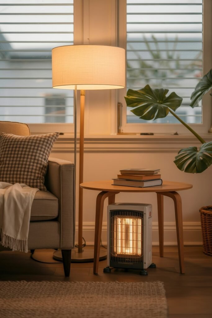 Indoor Sunroom Furniture Ideas for Cozy Winters & Breezy Summers 23 Warm sunroom setting with an armchair, checkered pillow, soft throw, and a small heater near a lamp.