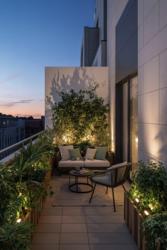 Stylish Rooftop and Terrace Garden Design 31 Intimate twilight balcony nook with soft lighting, dense foliage, and a small seating area, designed for relaxation through thoughtful Balcony & Terrace Gardening.