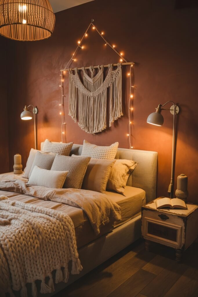 Terracotta Bedroom Ideas: Genius Ways to Glow 25 Earthy bedroom with a deep terracotta wall, macramé wall hanging, layered neutral pillows, knit throw, and ambient string lighting for a cozy, Bohemian & Earth-Toned Bedrooms feel.