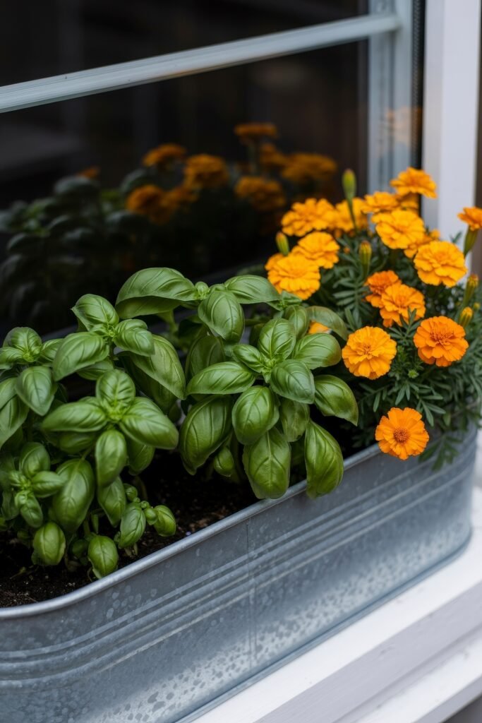 Window box flowers: Genius Ways to Wow Any Apartment 29 A galvanized metal window planter with glossy basil and vivid orange marigolds growing side by side, reflecting a simple and functional Balcony & Terrace Gardening setup.