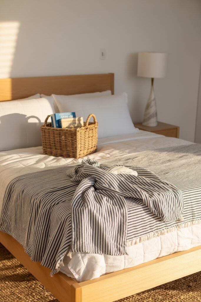 Coastal Summer Vibes for City Apartments 32 Minimalist bedroom with a wood bed frame, striped blanket, and wicker basket, embracing a fresh summer décor look.