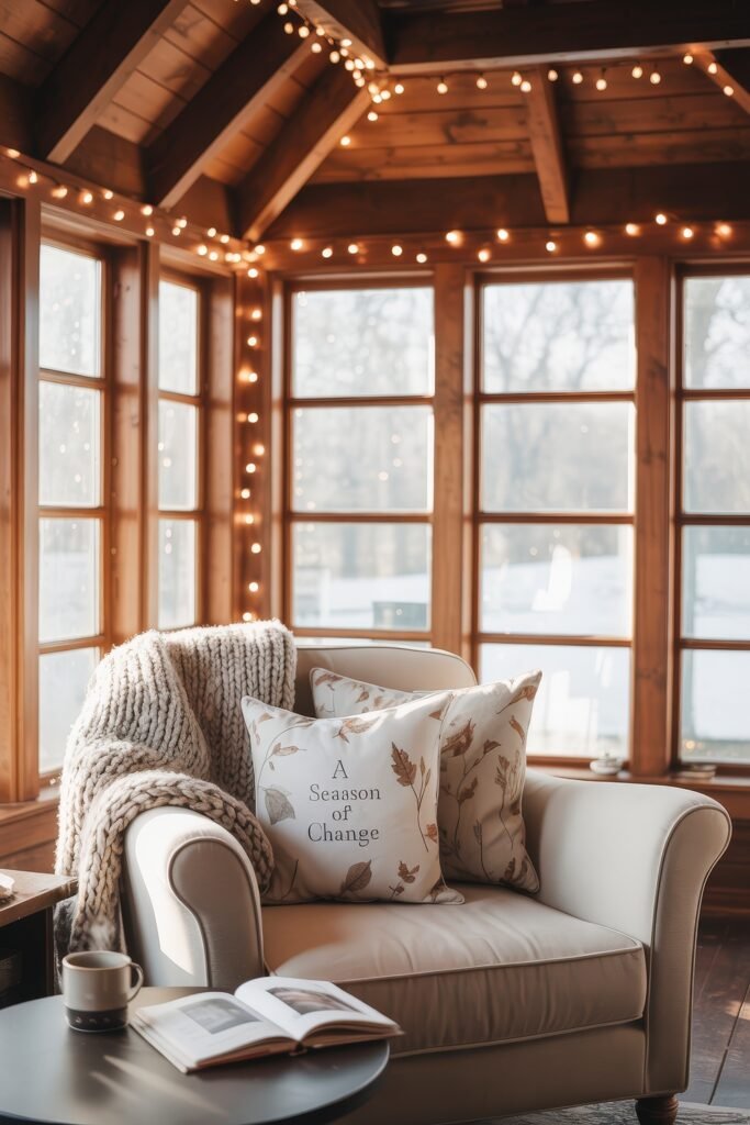 Cozy Fall Sunroom Ideas: Autumn Decor for a Warm Retreat 26 Cozy sunroom corner with a cream armchair, chunky knit blanket, fall-themed pillows, and string lights against wooden window frames.