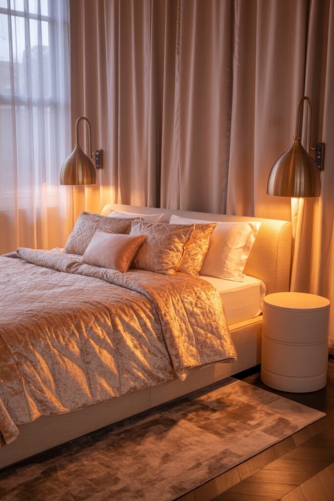 Glam Bedroom Décor: Essential Tips for Luxe Sleep 25 Romantic setting with golden pendant lamps flanking a plush velvet bed, surrounded by soft peachy bedding and long curtains, embodying Glam Bedroom Décor.