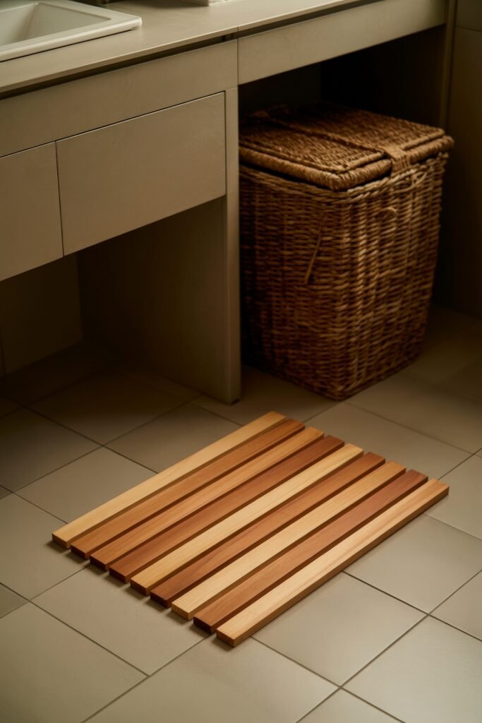 Neutral Bathroom Ideas: Genius Spa-Like Upgrades 29 Modern bathroom floor scene featuring a slatted wooden bath mat in warm tones and a woven basket tucked under a taupe vanity with minimalist drawers.