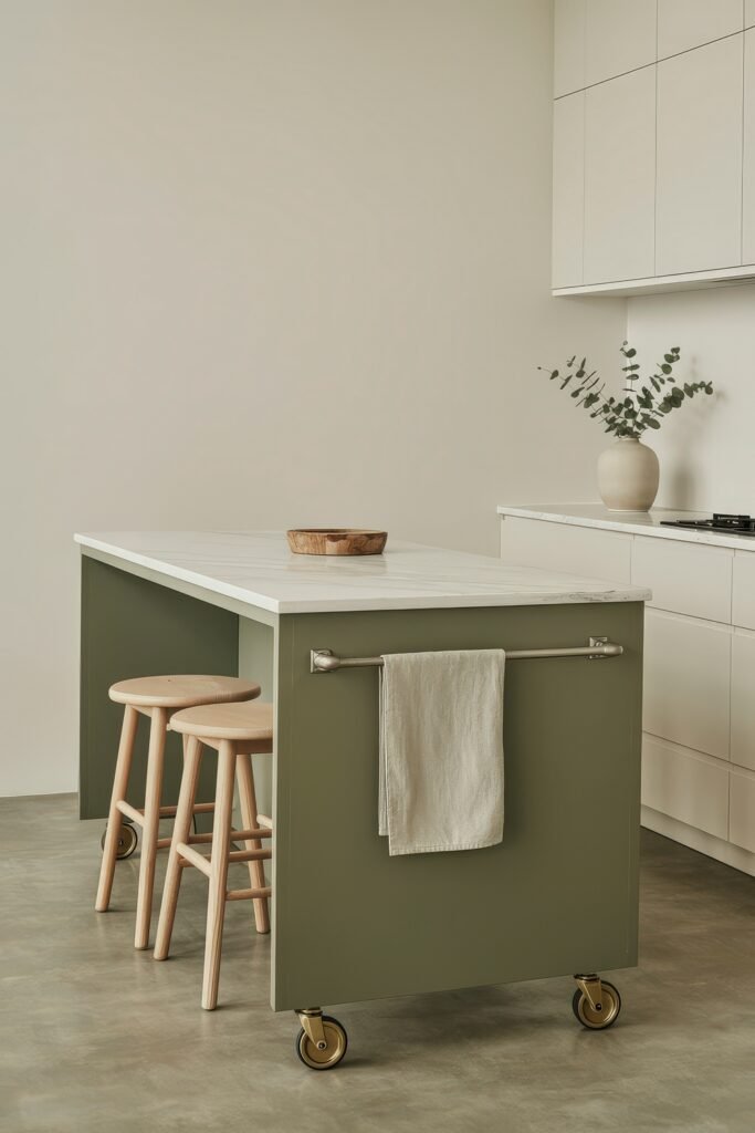Sage Green Kitchen Bliss: Inspiring Ideas 26 Minimalist kitchen space with a moss green island on casters, white marble top, two light wood stools, and clean, pale cabinetry in the background.