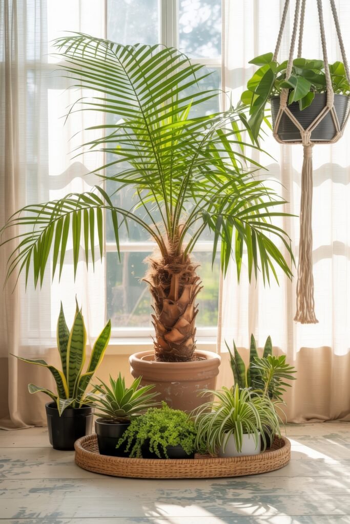 Bright Summer Sunroom Ideas: Airy Decor for Sunny Days 27 A bright sunroom filled with potted plants, including a tall palm and hanging greenery, creating a tropical summer vibe.
