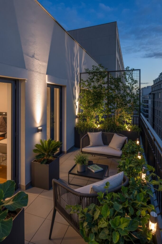 Stylish Rooftop and Terrace Garden Design 32 Urban terrace with a vertical garden trellis, illuminated seating, and cozy furnishings, blending greenery and comfort in a modern garden concept.