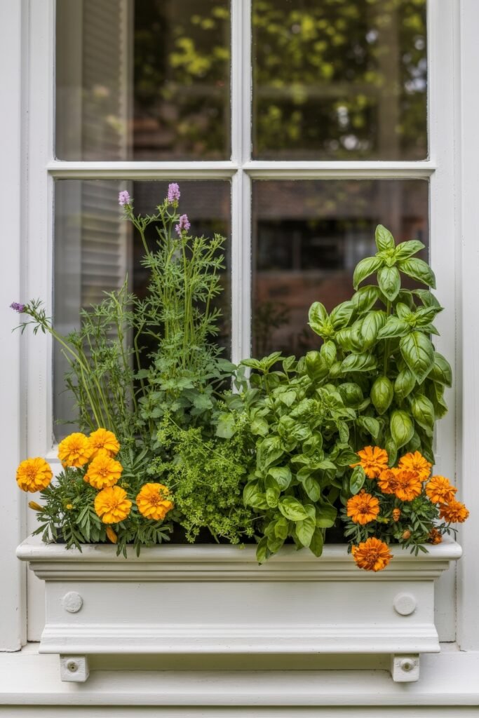 Window box flowers: Genius Ways to Wow Any Apartment 30 A bright white window box overflowing with herbs like basil and parsley, alongside tall lavender and blooming orange marigolds, combining utility and color for a Kitchen Garden Box aesthetic.
