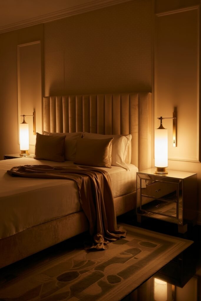 Glam Bedroom Décor: Essential Tips for Luxe Sleep 26 Luxury Master Bedroom with tall cylindrical bedside lamps, a vertical channeled headboard, and soft neutral bedding glowing under warm ambient lighting.