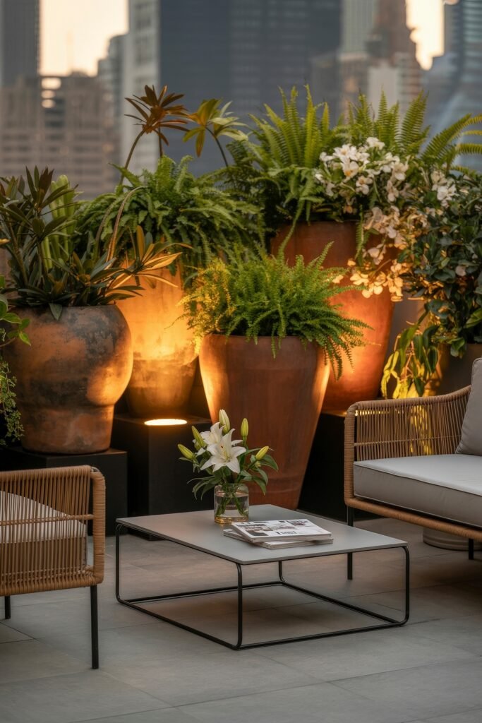 Stylish Rooftop and Terrace Garden Design 33 Close-up of terracotta pots with ferns and flowering plants, lit from below to highlight foliage texture in an urban Balcony & Terrace Gardening setting.