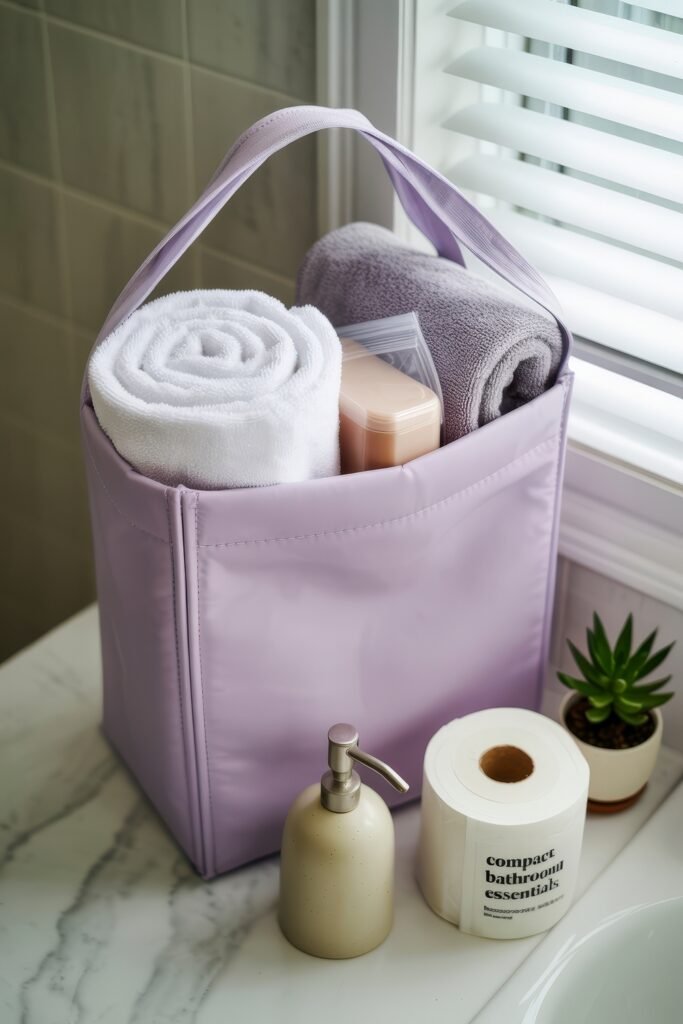 Bathroom Essentials for First Apartment: Genius Must-Haves 25 Lavender bathroom tote packed with rolled towels, toiletries, and essentials, sitting on a marble counter beside a soap dispenser and a labeled toilet paper roll—perfect for bathroom essentials for first apartment.