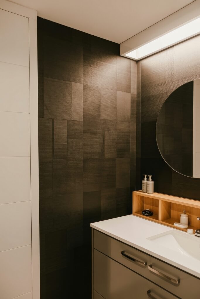 Black Bathroom Ideas: Genius Ways to Create Moody Glam 23 Vanity area with a white countertop, built-in wooden cubby shelf, and a large round mirror set against textured black panels, balancing warmth and modernity.