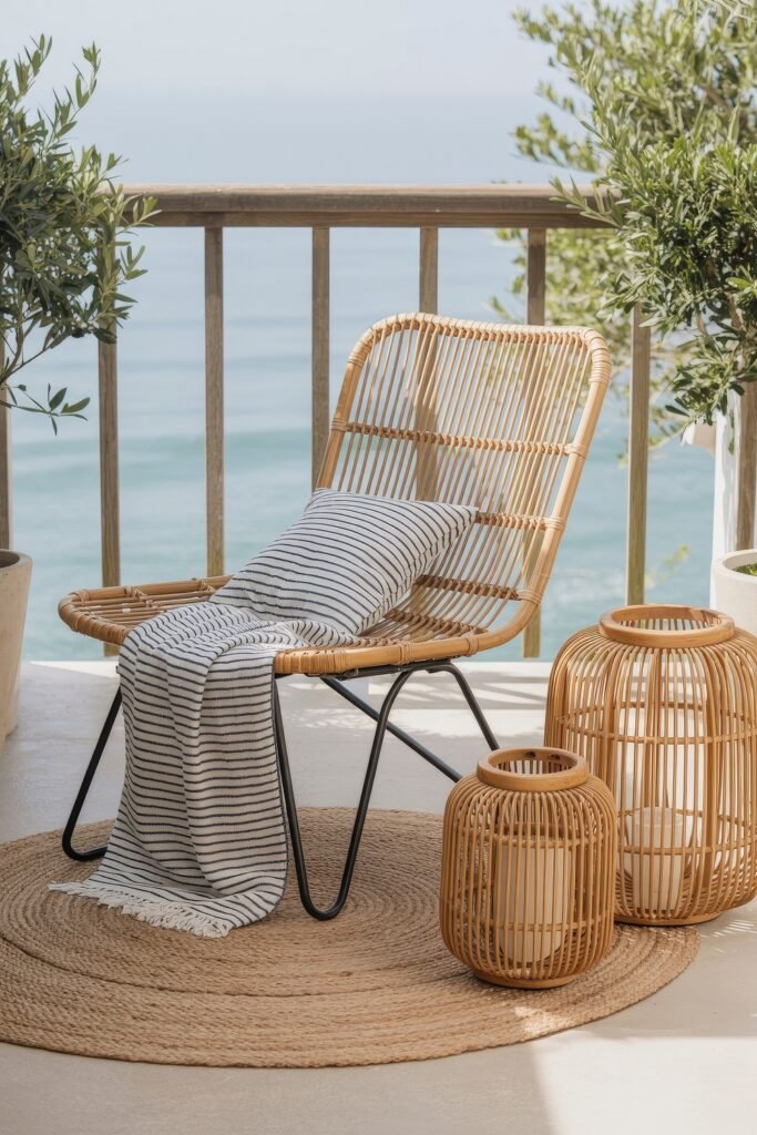 Coastal Summer Vibes for City Apartments 33 Outdoor balcony with a rattan chair, striped pillow, and coastal lanterns, ideal for a summer décor retreat.