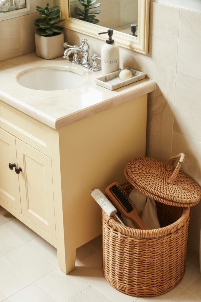 Cream Bathroom Ideas: Genius Ways to Warm Up Your Space 27 Elegant bathroom vanity with soft yellow cabinetry, marble countertop, and wicker hamper filled with grooming tools, paired with greenery for a fresh Cream Bathroom Ideas vibe.