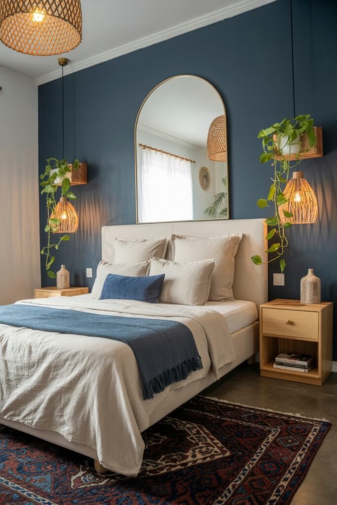 Dark Boho Bedroom Ideas: Unexpected Tricks for Cozy Drama 26 Light and modern Bohemian bedroom with a white bed, blue accent pillow and runner, woven pendant lights, arched wall mirror, and hanging greenery.