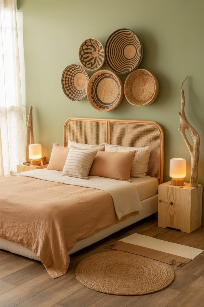 Earthy Bedroom Ideas: 12 Essential Ways to Elevate Your Space 26 Bohemian & Earth-Toned Bedroom with a sage green wall, round woven basket wall art above a rattan headboard, and soft lighting from modern table lamps.