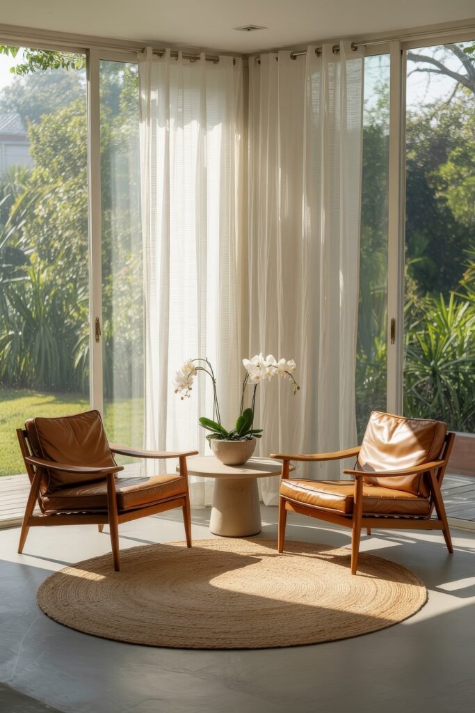 Cozy Fall Sunroom Ideas: Autumn Decor for a Warm Retreat 27 Cozy sunroom with two leather chairs, a round jute rug, sheer white curtains, and a potted orchid, filled with natural light.