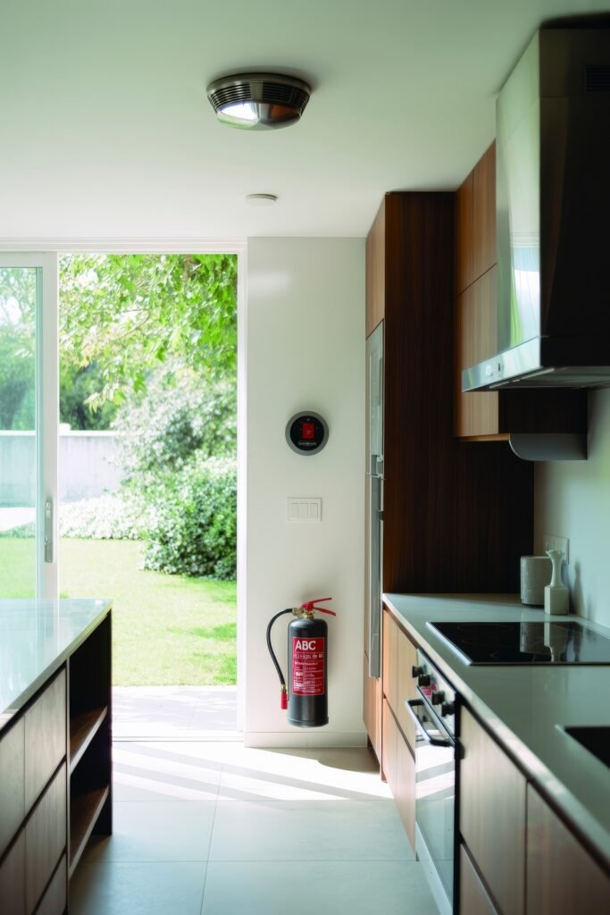 First Apartment Checklist: Essential Tips You’ll Love 26 Modern kitchen with a fire extinguisher mounted by the door, smoke detector on the ceiling, and sleek cabinetry—emphasizing safety measures on a first apartment checklist.