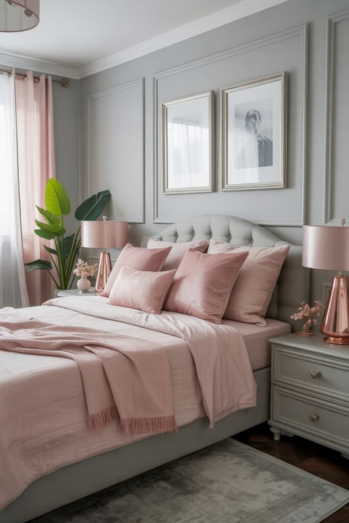 Glam Bedroom Décor: Essential Tips for Luxe Sleep 27 Stylish bedroom with a tufted headboard, soft pink bedding, rose gold lamps, and fresh greenery, perfectly balancing softness and modern Glam Bedroom Décor.